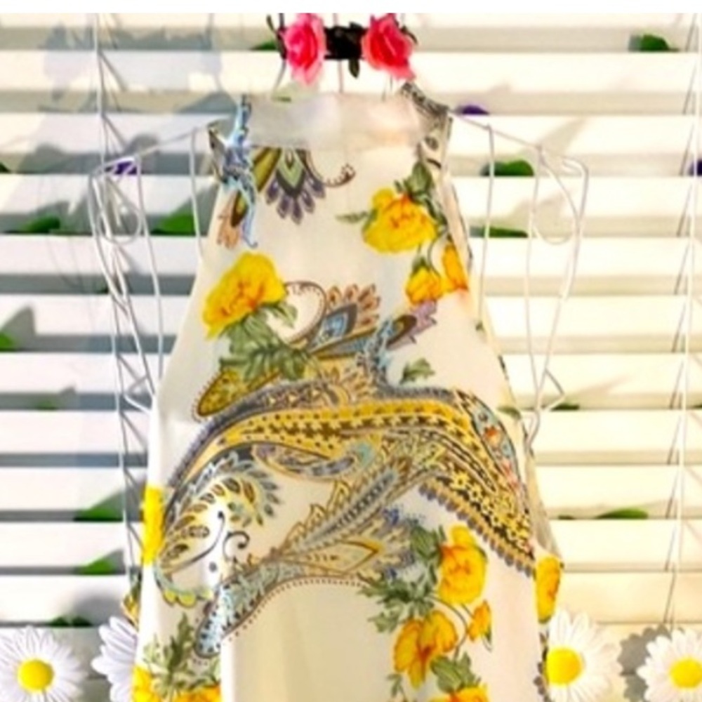 DNA Couture bare shoulders floral chiffon top ties in back